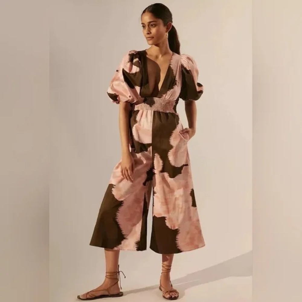 HUTCH (Anthropologie) Pink & Brown Floral Puff-Sleeve Jumpsuit Sz S